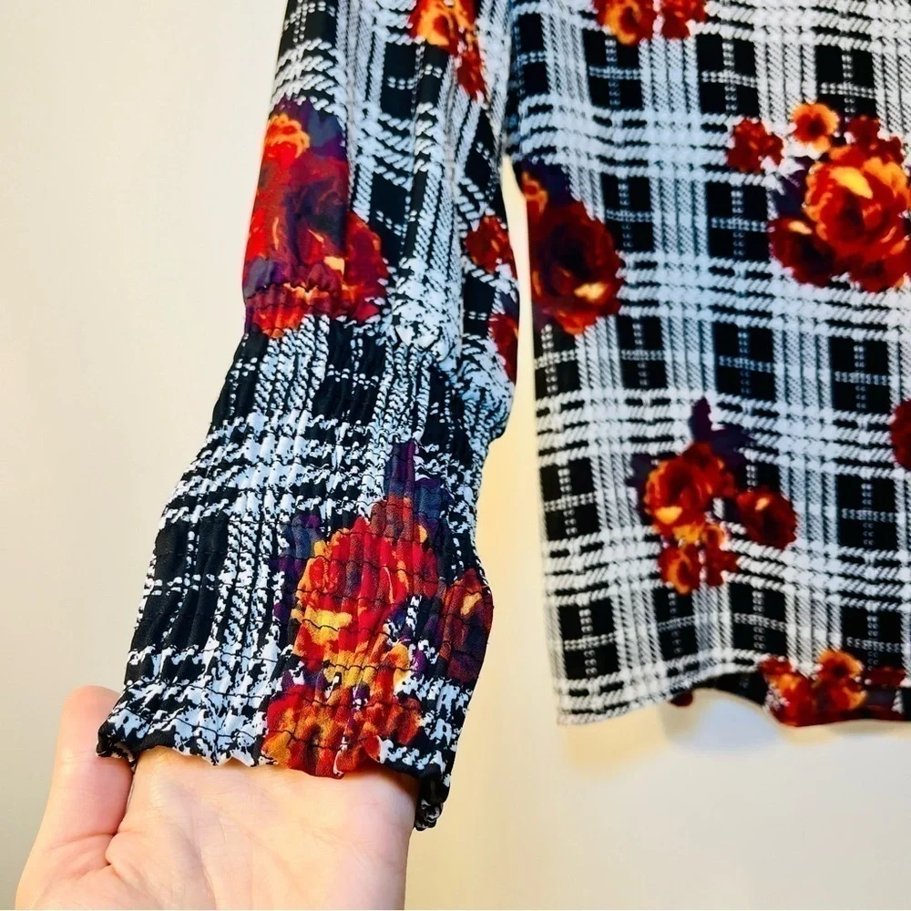 Anthropologie Black White Floral Plaid Long Puff Sleeve Sheer Peasant Blouse Top - Picture 5 of 9